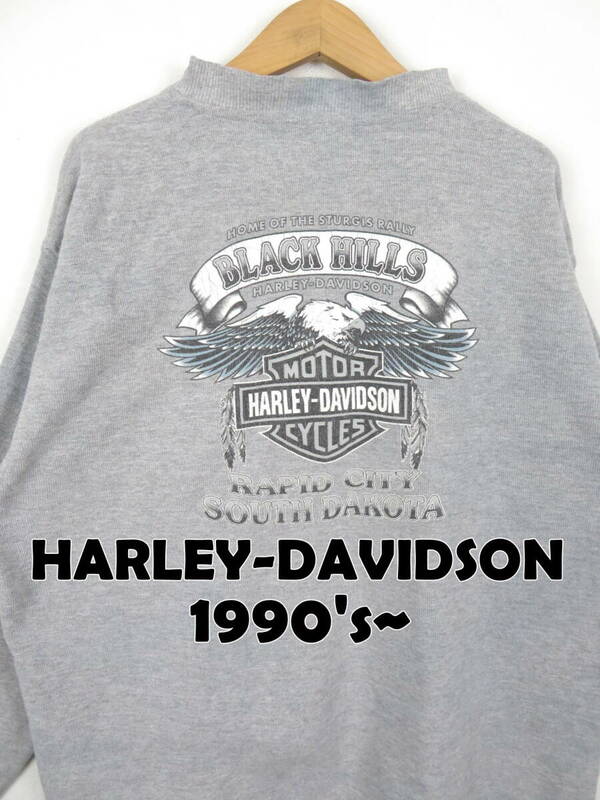 90s ハーレーダビッドソン ★ ヘンリー 鹿の子風 スウェット XL ★ HARLEY DAVIDSON アメリカ USA 古着 ビンテージ カットソー メンズ 00s