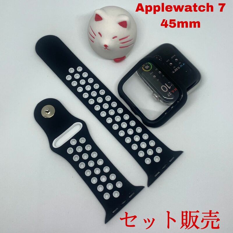 applewatch バンドベルトカバー　45mmアップルウォッチ7 ケースバンド黒白　セット　 SE シリーズ　7 アップルウォッチスポーツバンド