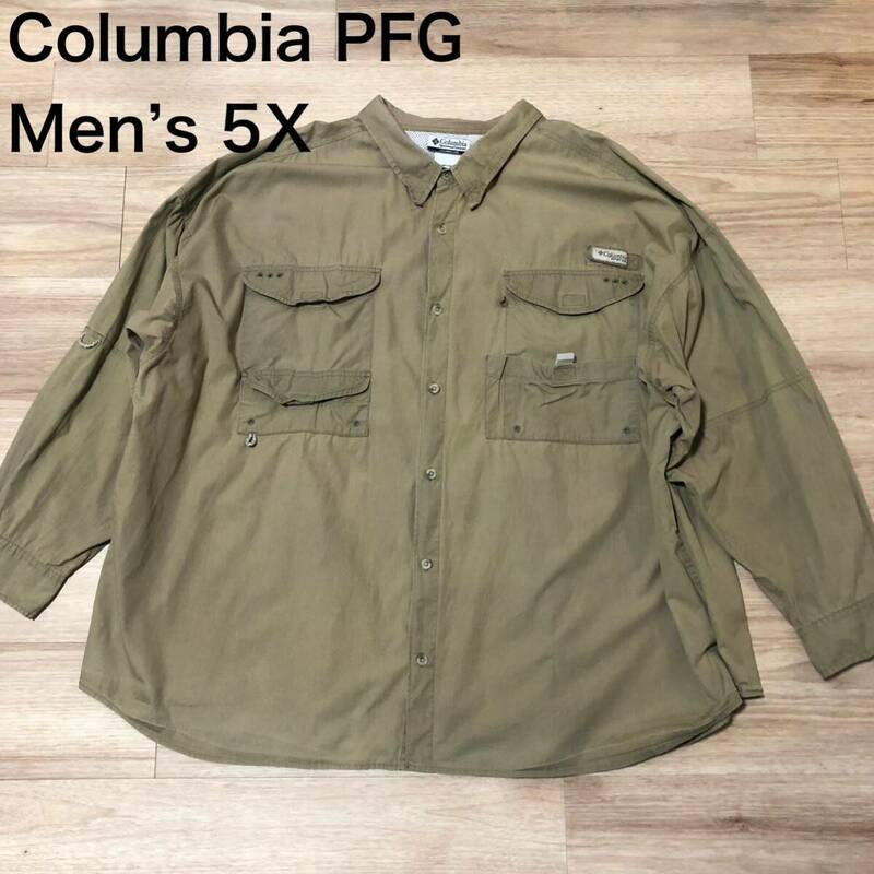 【送料無料】Columbia PFG長袖シャツ カーキ　メンズ5Xサイズ　コロンビアアウトドア登山フィッシングシャツ大きい　ビッグサイズ