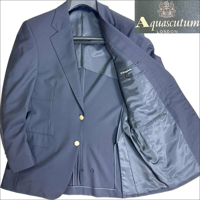 J6185 美品 アクアスキュータム 金ボタン 紺ブレザー 紺ブレ 96A7 Aquascutum