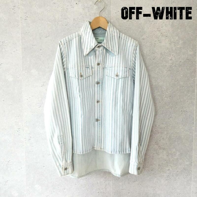 美品 Off-White オフホワイト サイズ40 ライトブルー×オフホワイト デニムジャケット デニムシャツ ストライプ柄 バックプリント 長袖