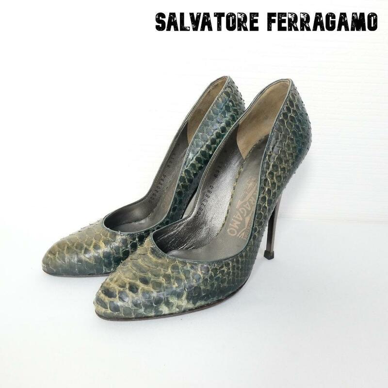 Salvatore Ferragamo サルヴァトーレフェラガモ サイズ5C グリーン系 ラウンドトゥ メタル ハイヒール パンプス パイソン レザー