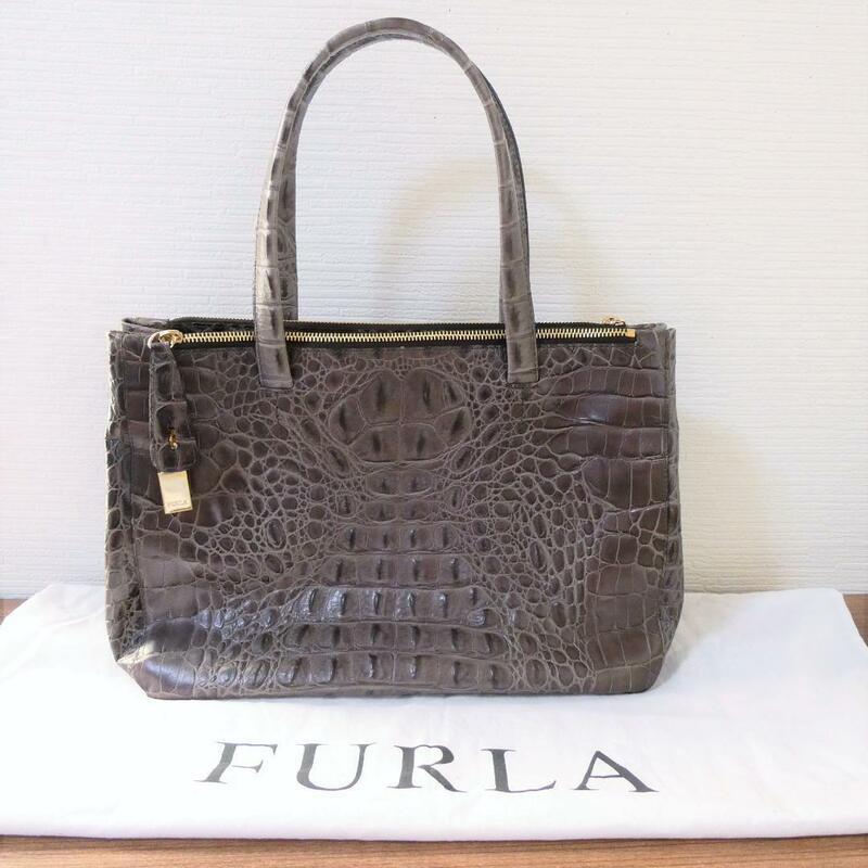 美品 FURLA フルラ ブラウン系 セミショルダー ハンドバッグ レザー クロコダイル型押し チャーム