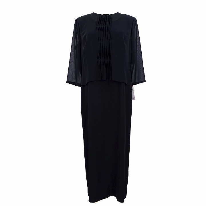 東京ソワール ブラック フォーマル リボン ギャザー ワンピース ドレス ロング 七分袖 シフォン 大きいサイズ 15AR 黒 a72