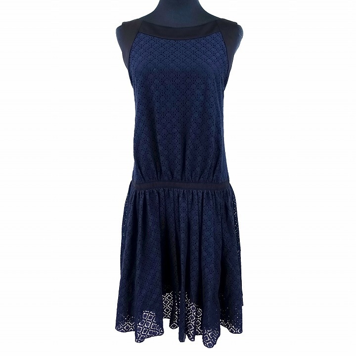 2017年 フォクシー ニューヨーク コレクション Lace Dress 36656 総レース ワンピース ドレス ノースリーブ ハーフ 40 ネイビー a70