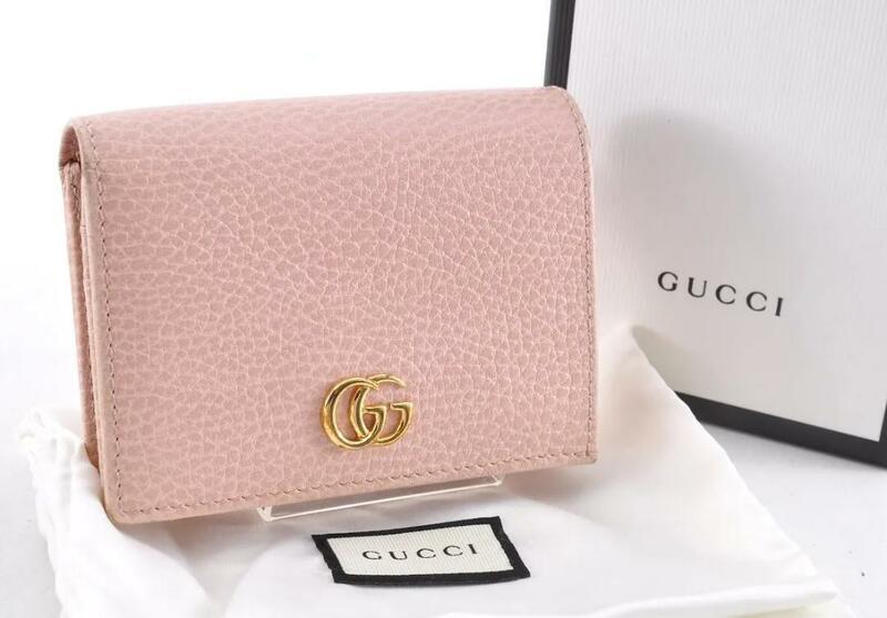 GUCCI グッチ マーモント 二つ折り財布 ウォレット レザー 革 ピンク 無地 柄なし シンプル レディース 女性 箱、保存袋付き 2A121280