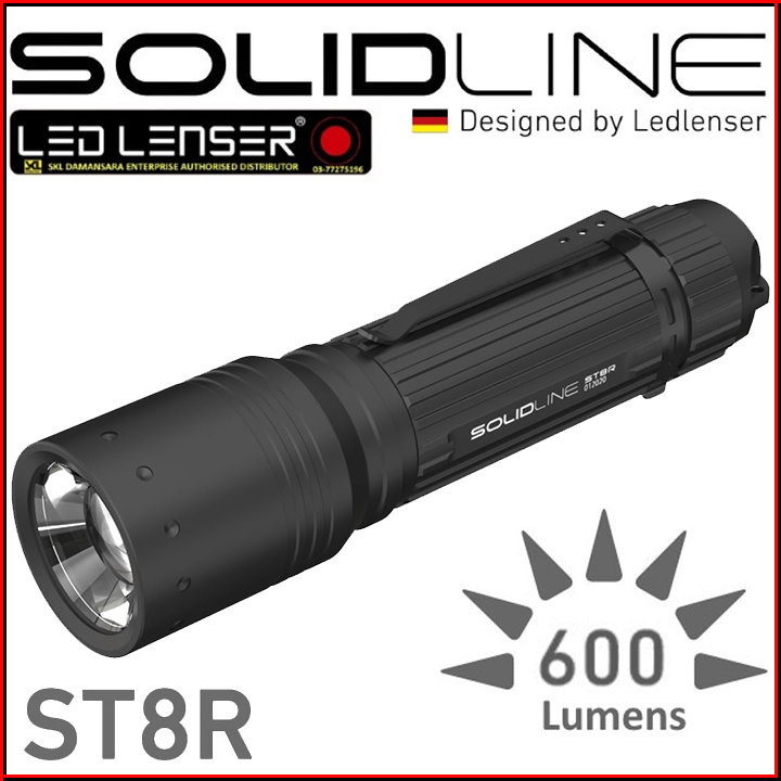 Solidlineシリーズ【高輝度】LEDLENSER【レッドレンザー】600lm アルミハンディライト【ST8R】防水IP54 USBケーブル・USB充電池付き 502215
