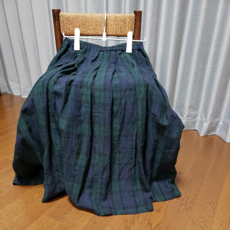 UBASOKU リネンギャザースカート　ブラックウォッチ　