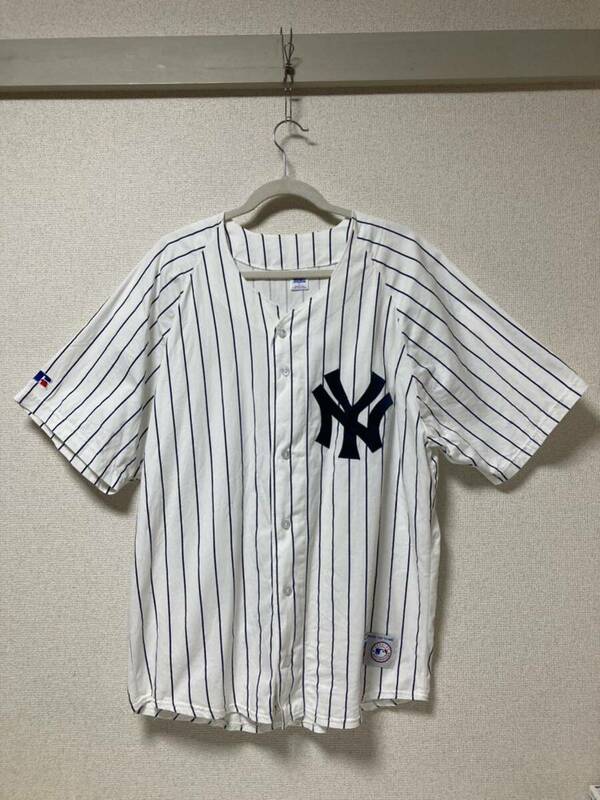美品 90s USA製 RUSSELL ラッセル MLB ニューヨーク ヤンキース ユニフォーム ベースボールシャツ サイズL コットン100% ビンテージ