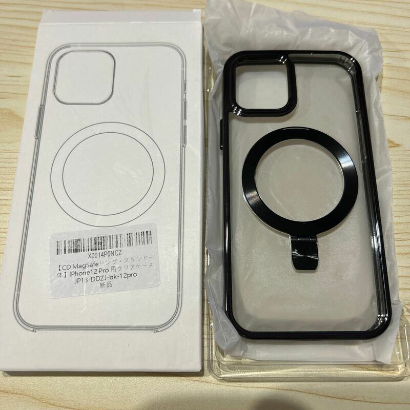 f205 iPhone 12 Pro 用 ケース リング付き カバー クリア MagSafe対応 スタンド一体型ケース キックスタンド 背面クリア （ブラック）