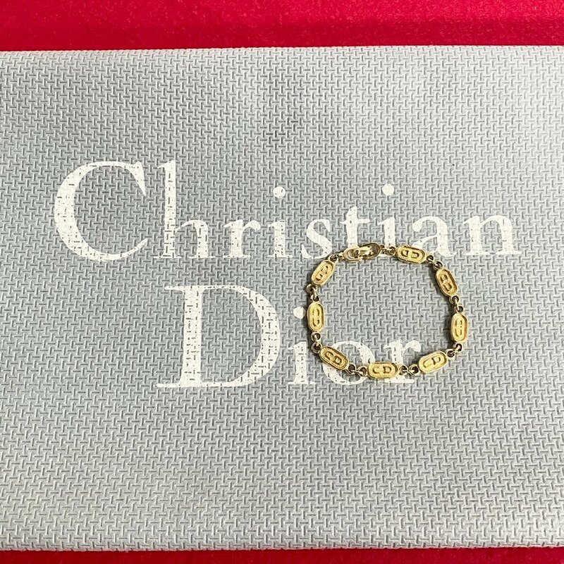 極 美品 レア Christian Dior ディオール ヴィンテージ CD ロゴ 金具 チェーン ブレスレット バングル ゴールド レディース 32889