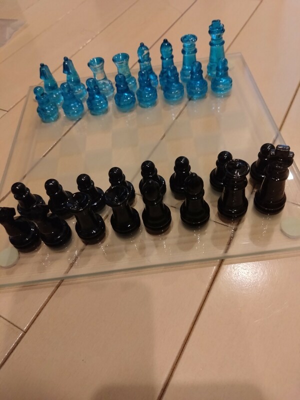 ガラスのチェス ボード20×20cm ブルー&ブラック 希少
