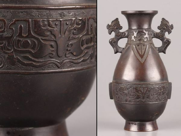 中国古玩 唐物 古銅造 饕餮文 花瓶 時代物 極上品 初だし品 C5419