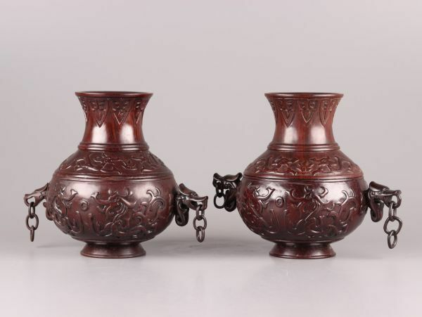中国古玩 唐物 時代木彫 唐木造 遊環 花瓶 一対 時代物 極上品 初だし品 C5390