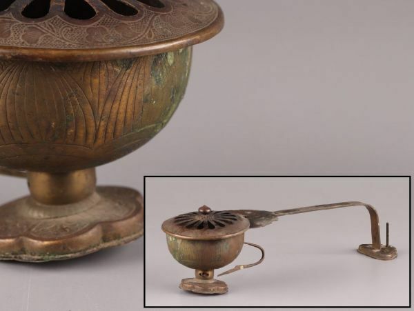 古美術 仏教美術 古銅造 蓮形 柄香炉 時代物 極上品 初だし品 C5430