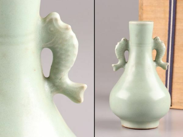 中国古玩 唐物 明代 龍泉窯 天龍寺青磁 双耳 花瓶 時代物 極上品 初だし品 C5717