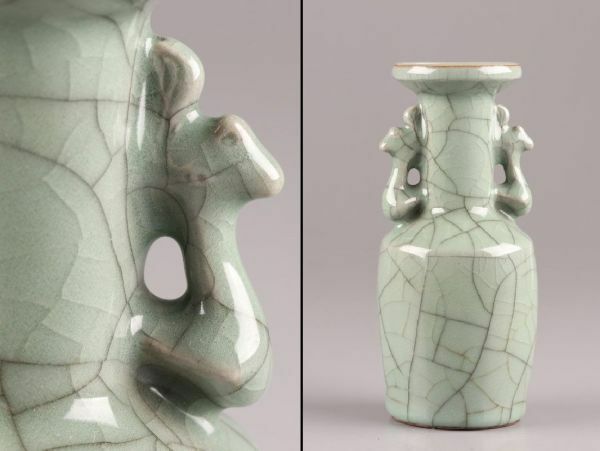 中国古玩 唐物 南宋 官窯 氷裂 青磁 双耳 花瓶 時代物 極上品 初だし品 C5716