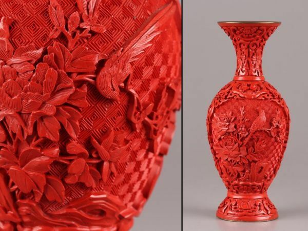 中国古玩 唐物 堆朱 花瓶 細密細工 時代物 極上品 初だし品 C5700