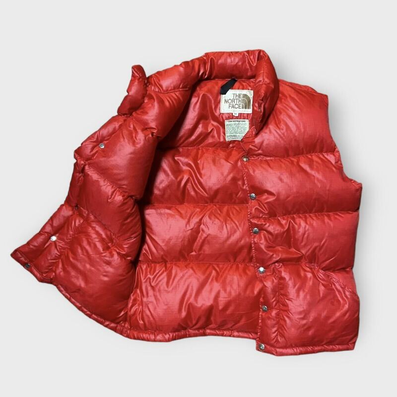 極美品 70S THE NORTH FACE ノースフェイス (M) ダウンベスト 赤 茶タグ ビンテージ リップストップ vintage 黄色 1970s アウトドア 名品