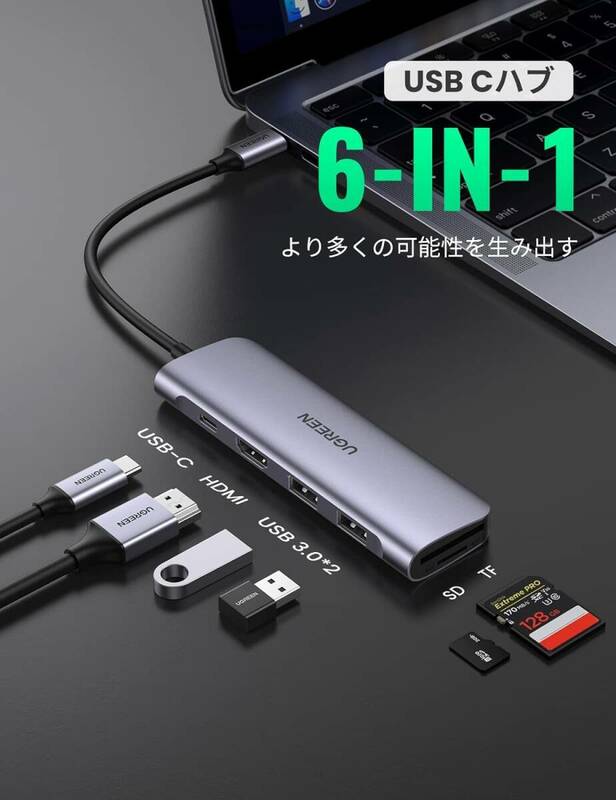 [YON-A60314296] USB-C HDMIハブ 6-IN-1 Type-C PD 100W 4K USB 3.0 SD Micro カードリーダー アダプター Mac Surface Galaxy Xperia