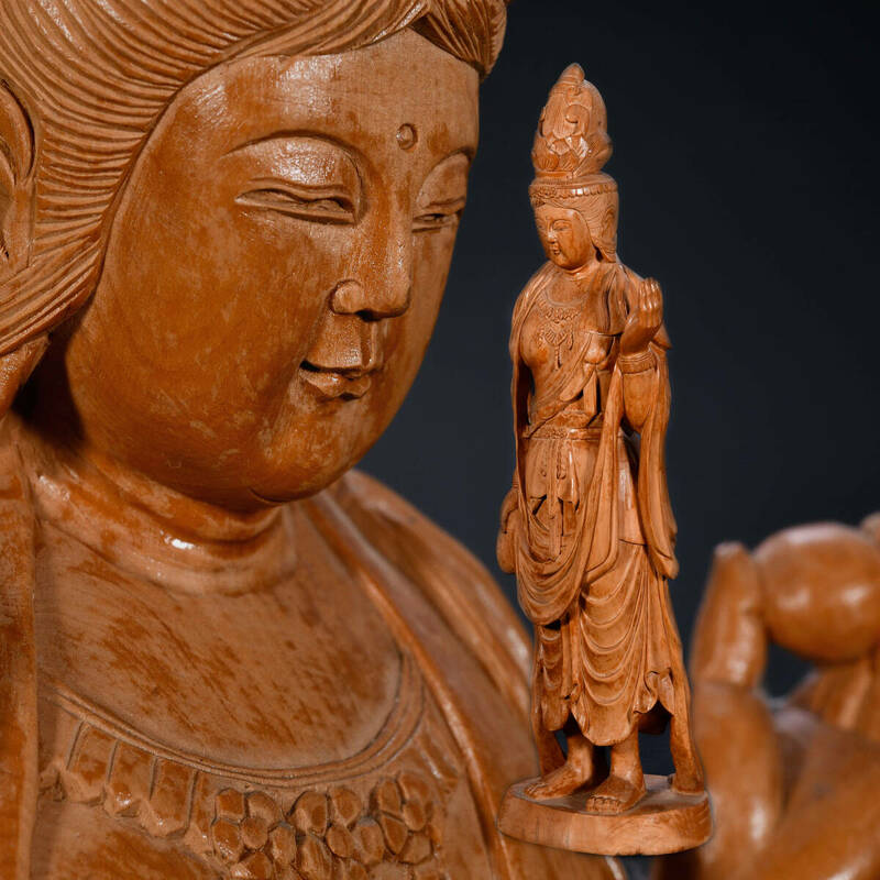 br10336 中国美術 木彫り 彫観音仏像 立像 置物 唐物 高37.6cm