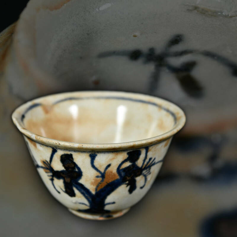 br10501 中国古玩 染付茶碗 青華 煎茶道具 陶器 陶磁器 唐物 幅6.4cm 高3.7cm