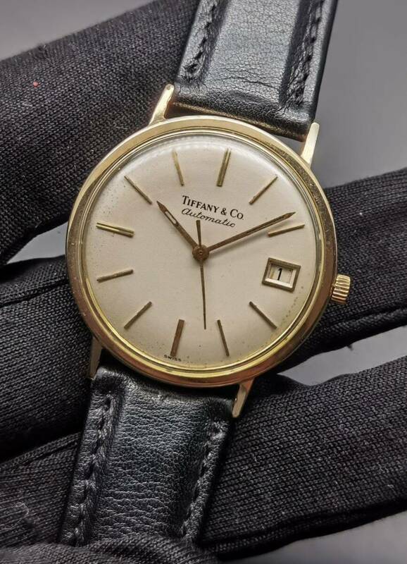 中古 アンティーク ティファニー TIFFANY&Co デイト14K GOLD ヴィンテージ 稼働品 ワンピースケース 自動巻き メンズ 腕時計 