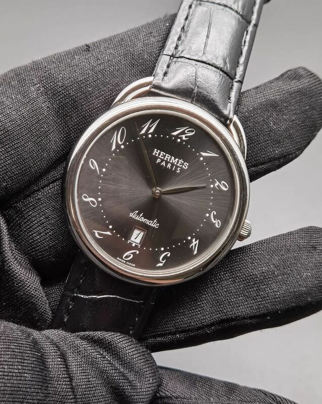 中古 箱あり エルメス HERMES アルソー AR4.810 デイト ステンレス SS グレー文字盤 自動巻き メンズ 腕時計