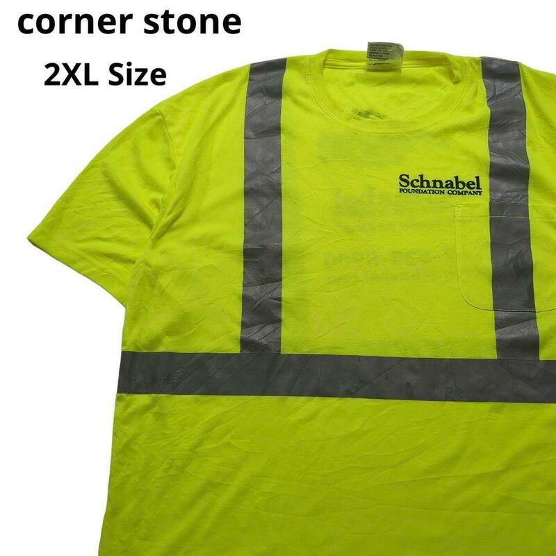 corner stone 半袖Tシャツロゴプリント黄緑蛍光 メンズ2XL a31