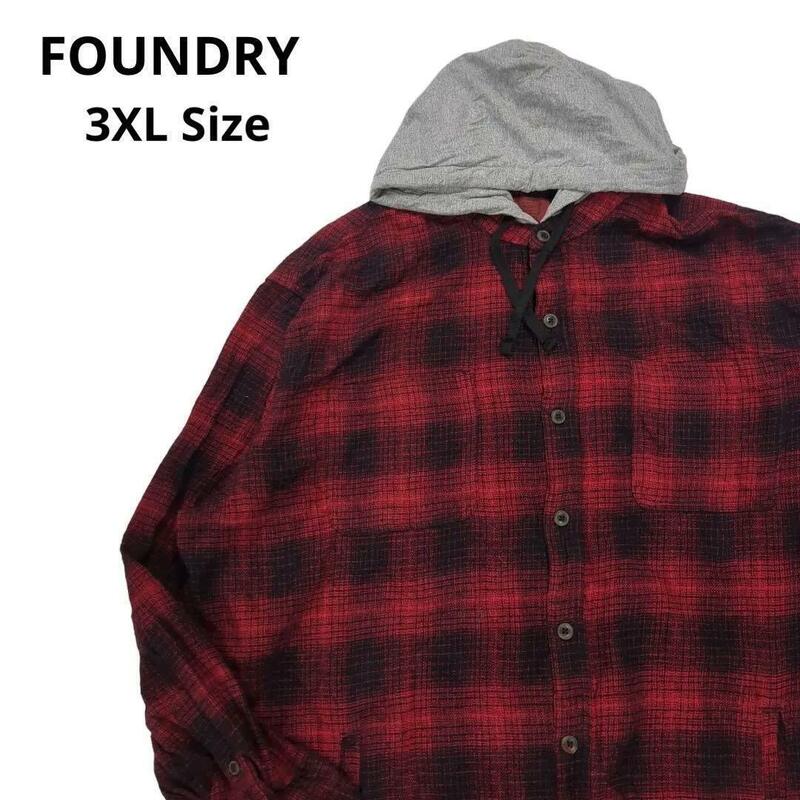 FOUNDRYパーカーチェック柄赤メンズ3XL　超ビッグサイズ　c8