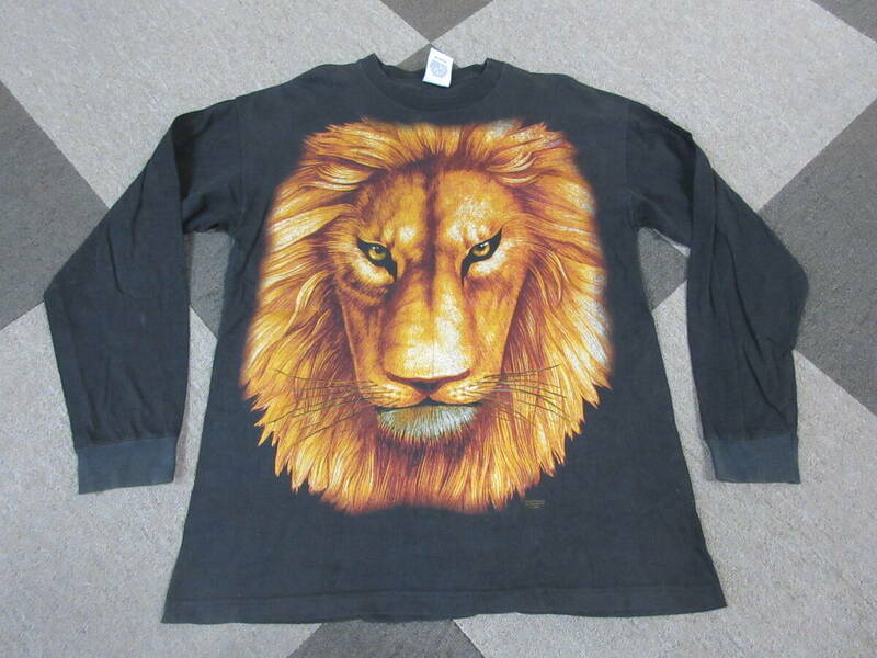 90's Trinity Products ライオン Tシャツ M 黒 USA製 長袖 ロンT ロングスリーブ ヴィンテージ オールド 獅子 動物 カットソー