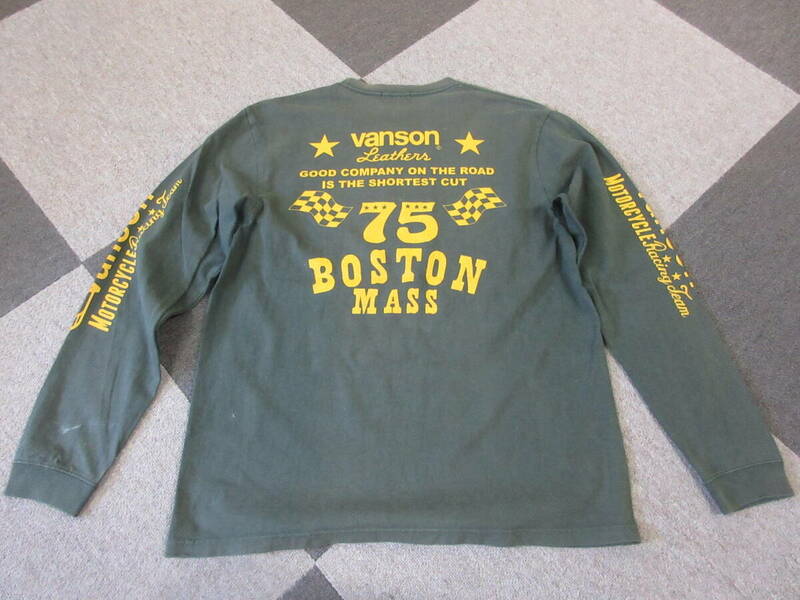 VANSON L/S Tシャツ 緑 L 951 Broadway 75 Boston Mass バンソン ロンT 長袖 袖プリント バイカー Motorcycle カットソー チェッカー