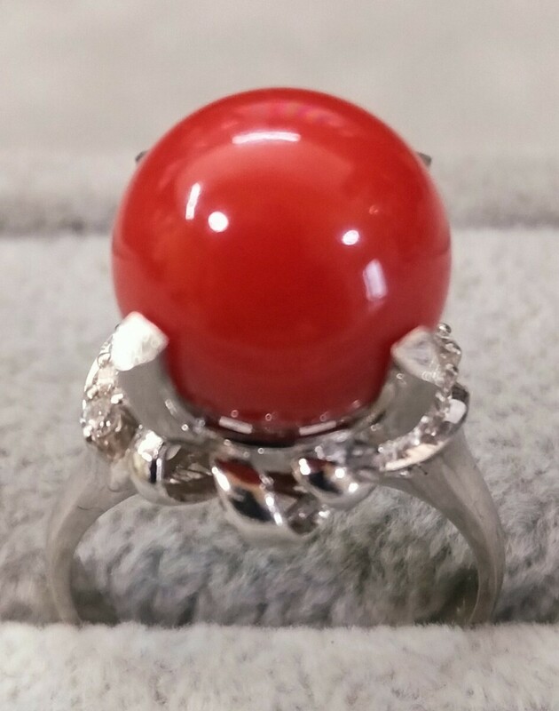 赤珊瑚 リング Pt900 プラチナ ダイヤモンド 0.15ct 約12.3mm 10.7g 約15号 赤サンゴ 指輪 極美品