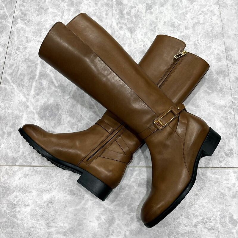 F ＊ 良品 イタリア製 '高級感溢れる' TOD'S トッズ 本革 ロング ブーツ 革靴 EU36.5 23cm レディース 婦人靴 シューズ BROWN