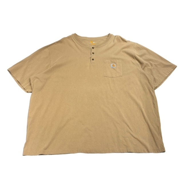 【XXXXL】USA古着 カーハート Carhartt ワンポイント 半袖 ポケット ヘンリーネック　Tシャツ ベージュ　４XL