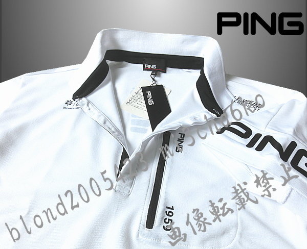 ■新品【PING GOLF】ピン ゴルフ 吸汗速乾 両袖ロゴ 前立てカラー 半袖ポロシャツ■WH/L