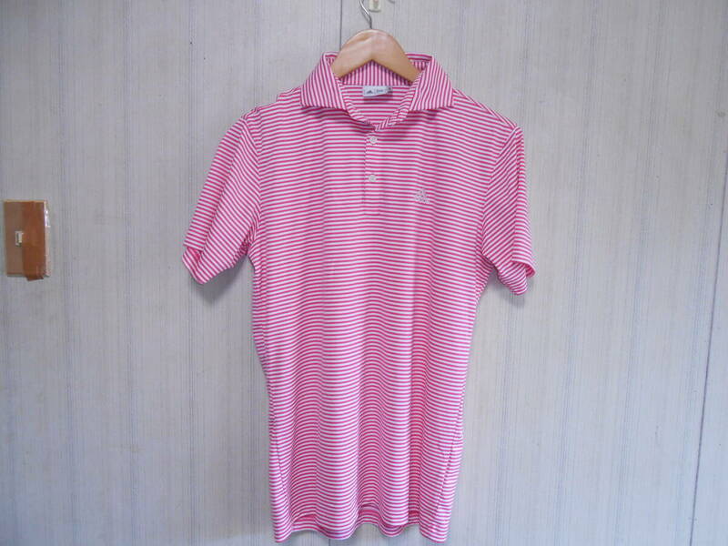 美品アディダスゴルフボーダー柄可愛いピンクの半袖ポロシャツM