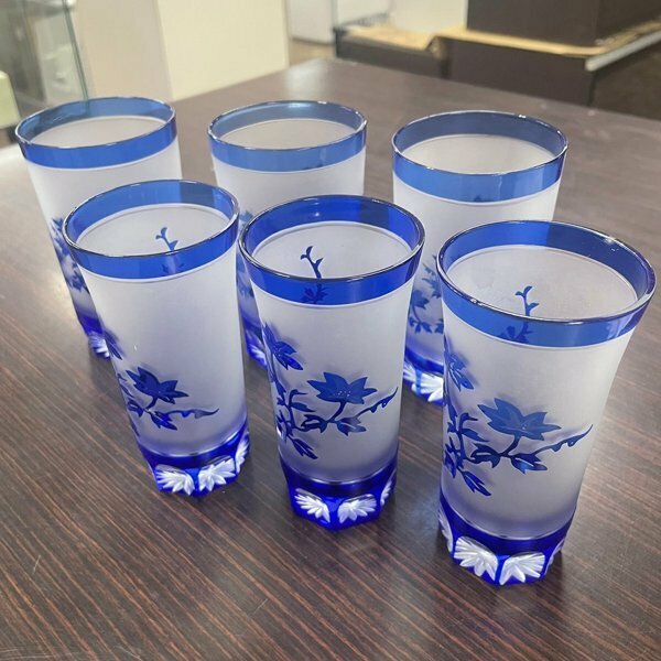 切子ガラス グラス 6客セット 硝子工芸 ブルー 酒器 青 冷酒 すりガラス 藍色 食器