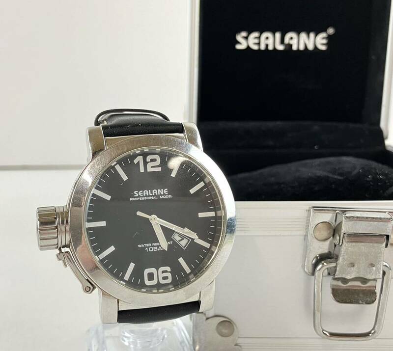 【SU348】 SEALANE シーレーン SE05-BK ビッグデイト 革ベルト Qz クォーツ メンズ 腕時計 箱付き φ56.6〜φ42.4 