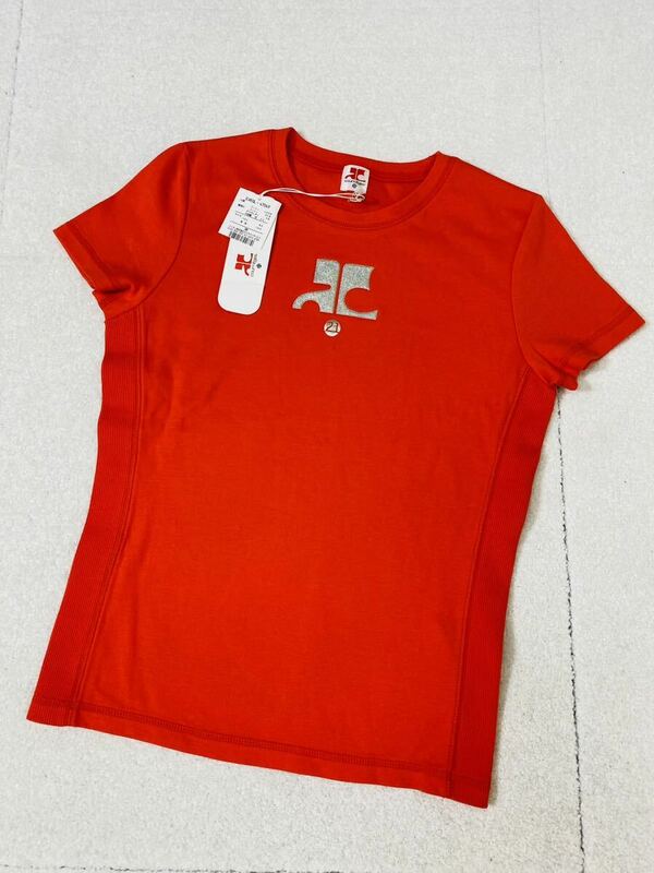 7070. 【未使用タグ付き】Courreges ラメロゴ Tシャツ クレージュ 赤 レッド Ｍサイズ