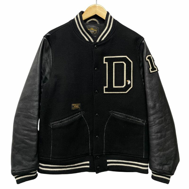 WTAPS ダブルタップス 11AW STADIUM JK JACKET WOOL LEATHER COW 袖革 スタジャン ブラック サイズL 正規品 / 34072