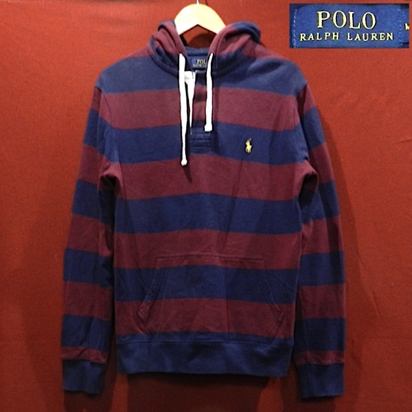 Polo Ralph Lauren ラルフローレン ボーダー ロゴ ラガーシャツ デザイン フード スエット ラガーパーカー ワインレッド / 紺 M