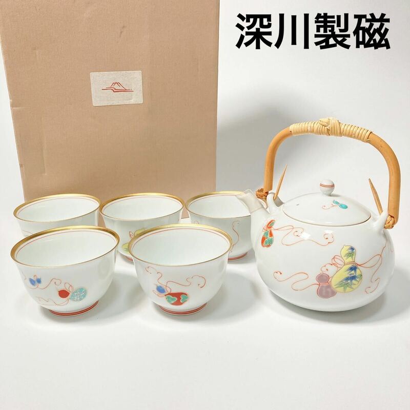 深川製磁 茶碗 急須 湯呑み 花ひょうたん 土瓶付仙茶揃 瓢箪 茶器 金彩 5客 B42416-148