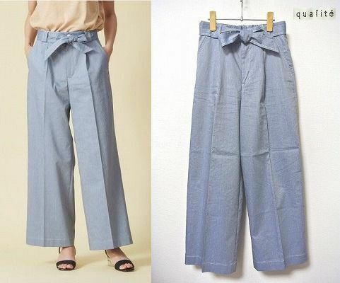 ●美品！qualite【カリテ】シャンブレーワイドパンツ(*^_^*)定価23,000円+税 MADE IN JAPAN(日本製)