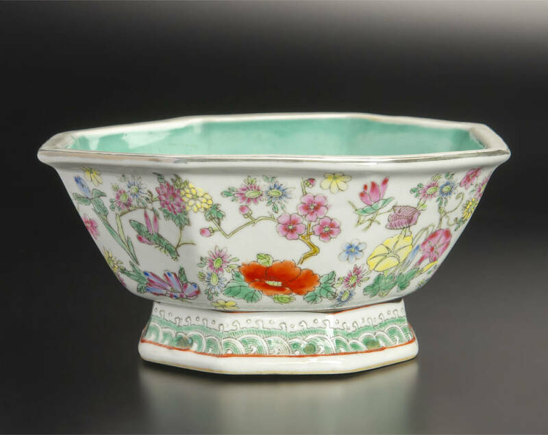 清 粉彩花卉紋八方碗 大清同治年制款 中国 古美術