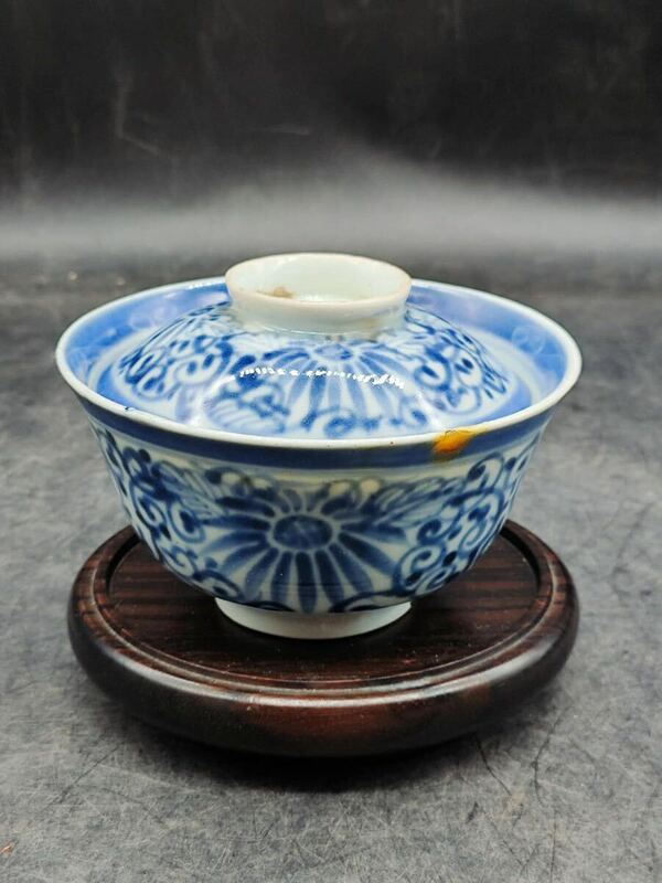 r042317 染付 蓋碗 青華 蓋物 骨董 蓋茶碗 青花 中国美術