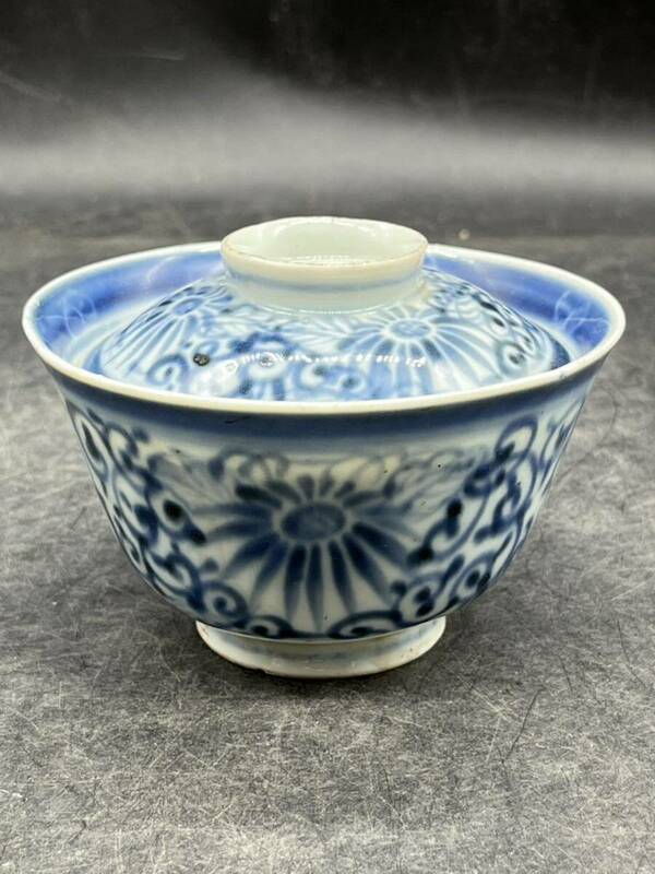 r042406 蓋付茶碗 染付 骨董 時代品 蓋茶碗 中国美術