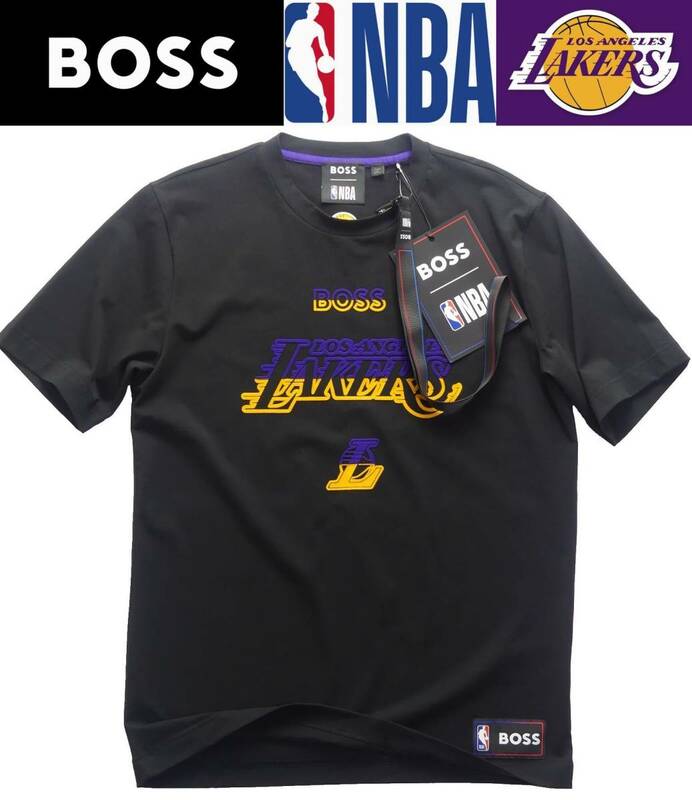 通年物20,600円新品HUGO BOSSボス★ネックストラップ付属NBA公式ロスアンゼルス・レイカーズ黒Tシャツ【欧米M＝日本L】