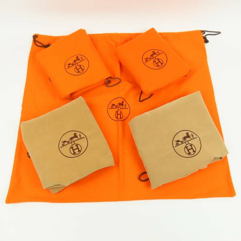 79507HERMES エルメス 綺麗 巾着 保存袋 ダストバッグ バッグ用 5点セット まとめ売り サイズ色々 小物 コットン オレンジ