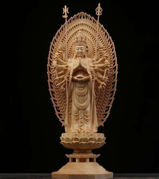 極上品 仏教美術 千手観音菩薩 精密彫刻 仏像 手彫り 木彫仏像 仏師手仕上げ品 43cm